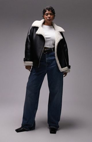 Topshop + Faux Leather Aviator Jacket With Faux Shearling Trim