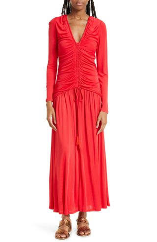 Farm Rio + Ruched Long Sleeve Jersey Maxi Dress