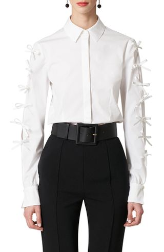Carolina Herrera + Bow Detail Stretch Cotton Button-Up Shirt