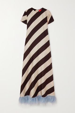 La DoubleJ + Swing Striped Feather-Trimmed Silk-Twill Maxi Dress