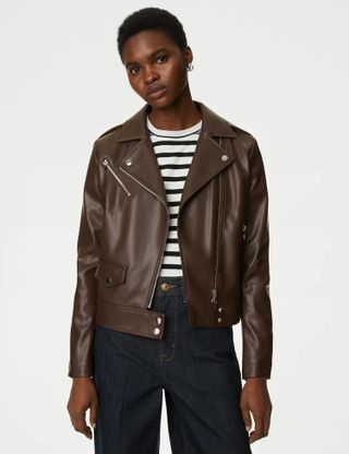 M&S Collection + Faux Leather Biker Jacket in Chocolate
