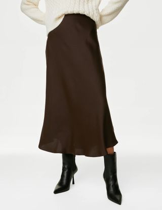 M&S Collection + Satin Midaxi Slip Skirt in Chocolate