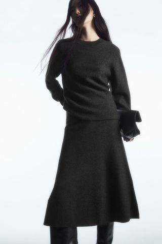 COS + Flared Merino Wool Midi Skirt in Dark Grey