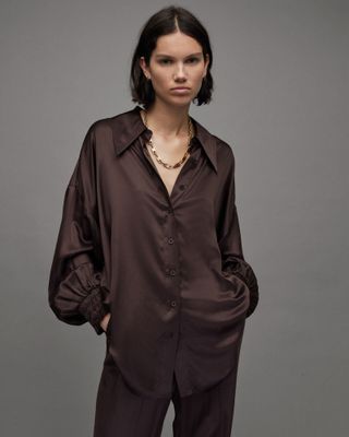 AllSaints + Charli Silk Blend Relaxed Fit Shirt in Warm Cacao Brown