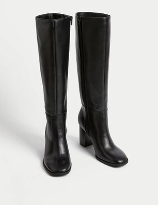 M&S Collection + Leather Block Heel Knee High Boots