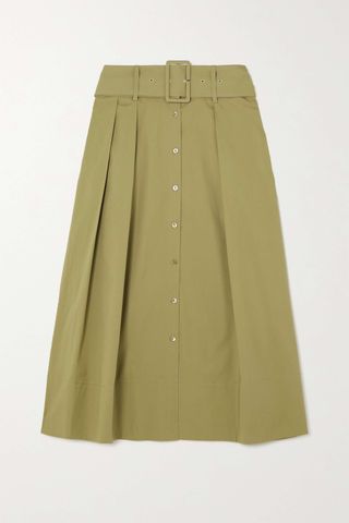 Staud + Kingsley Belted Pleated Stretch-Cotton Midi Skirt