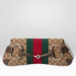 Gucci + Horsebit Chain Medium Shoulder Bag in Beige and Ebony Original GG Canvas