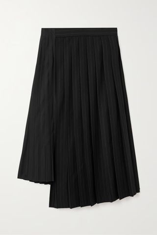 Sacai + Pleated Pinstriped Asymmetric Wool And Poplin Midi Skirt