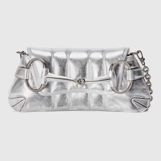 Gucci + Horsebit Chain Small Shoulder Bag in Silver Leather