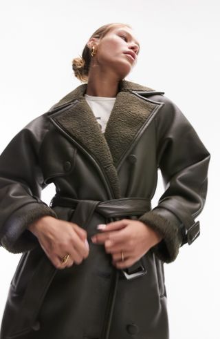 Topshop + Faux Leather Trench Coat With Fleece Trim
