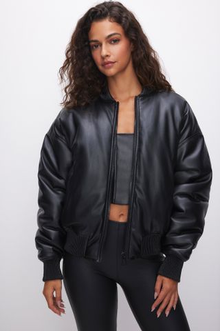 Good American + Faux Leather Bomber Jacket | Black001