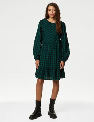 M&S Collection + Pure Cotton Checked Knee Length Tiered Dress