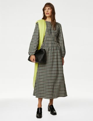 M&S Collection + Cotton Blend Checked Midaxi Waisted Dress