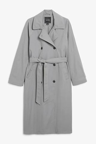 Monki + Double-Breasted Mid Length Trench Coat in Grey