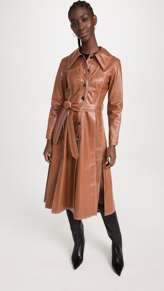 A.W.A.K.E. Mode + Faux Leather Belted Coat With Multi Panels