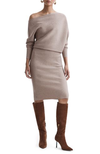 Reiss + One-Shoulder Long Sleeve Rib Sweater Dress