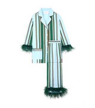 Sleeper + Feather-Trimmed Striped Crepe Pajama Set