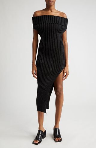 A. Roege Hove + Ara Ribbed Off the Shoulder Asymmetric Sweater Dress