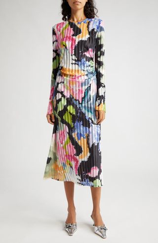 Stine Goya + Metallic Stripe Floral Long Sleeve Knit Dress