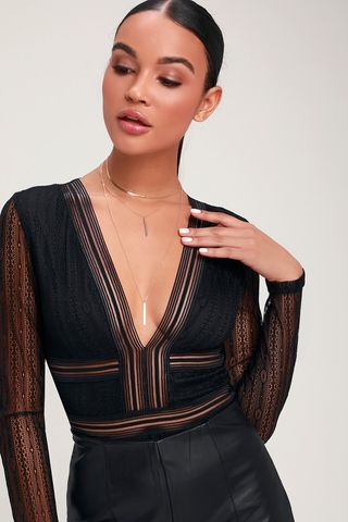 Lulus + Casita Black Sheer Lace Long Sleeve Bodysuit