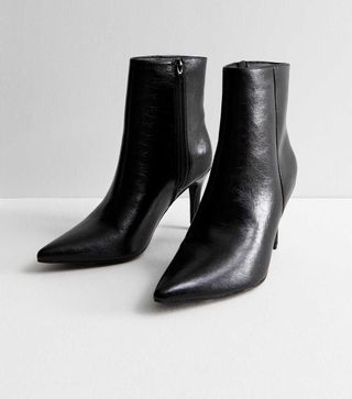 New Look + Black Leather-Look Stiletto Heel Ankle Boots