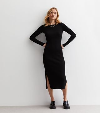 New Look + Black Ribbed Knit Bodycon Midi Dress