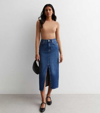 New Look + Mid Blue Denim Split Hem Midaxi Skirt