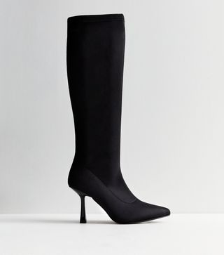 New Look + Black Stretch Knee High Stiletto Heel Boots