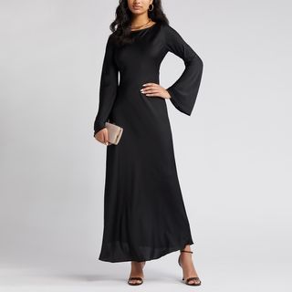 Open Edit + Cutout Long Sleeve Woven Maxi Dress