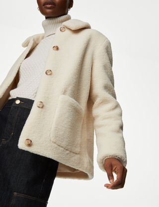 Marks & Spencer + M&S Collection Teddy Textured Collared Jacket in Cream