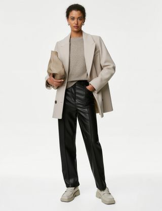 M&S Collection + Leather Look Straight Leg Cropped Trousers