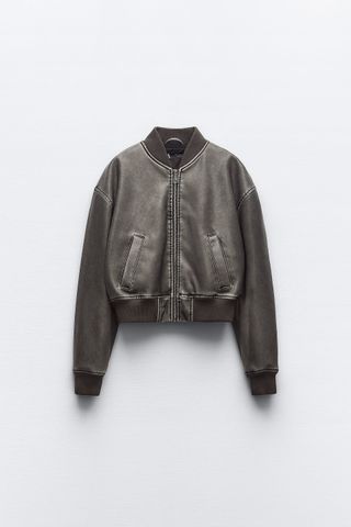 Zara + Distressed Faux Leather Bomber Jacket