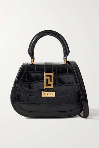 Versace + Mini Embellished Croc-Effect Leather Tote