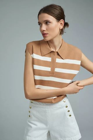 Maeve + Stripe Collared Sleeveless Sweater Vest