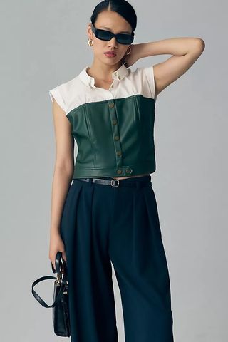 Maeve + Twofer Faux Leather Corset Top