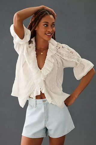 By Anthropologie + Ruffled V-Neck Victorian Blouse