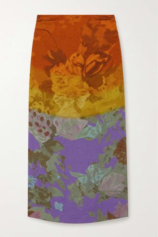 Dries Van Noten + Gathered Floral-Print Cloqué Midi Skirt