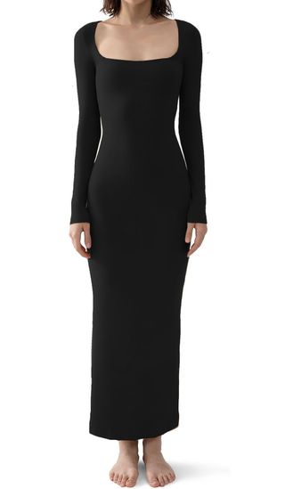 PUMIEY + Ribbed Square Neck Long Sleeve Dress