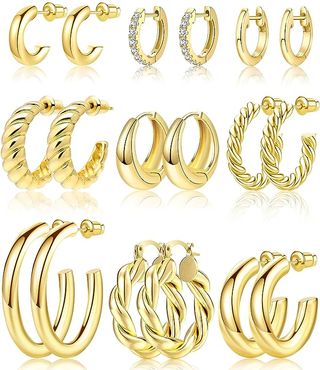 Adoyi + 9 Pair Gold Hoop Earrings Set