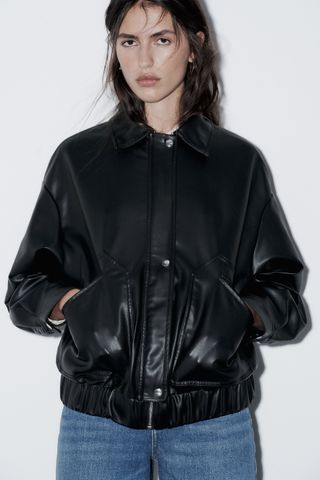 Zara + Faux Leather Bomber Jacket