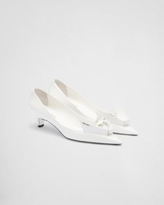 Prada + Brushed Leather Pumps With Floral Appliques