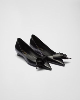 Prada + Brushed Leather Pumps With Floral Appliques