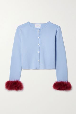 Sleeper + Convertible Cropped Feather-Trimmed Knitted Cardigan