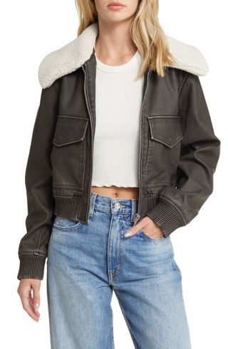 Blanknyc + Faux Leather Aviator Jacket With Faux Shearling Collar