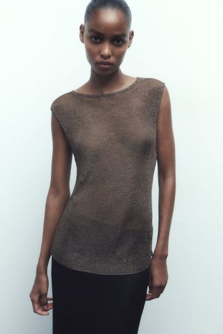 Zara + Metallic Mesh Knit Top