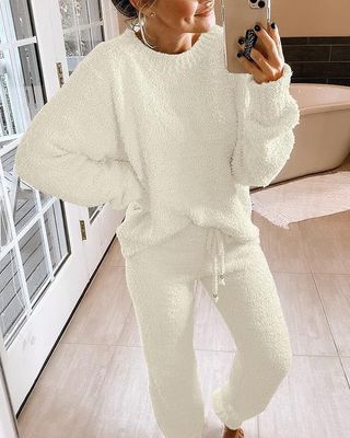 Vetinee + Womens Pajama Sets Long Sleeve Fleece Knitted Pj 2 Piece Fuzzy Loungewear