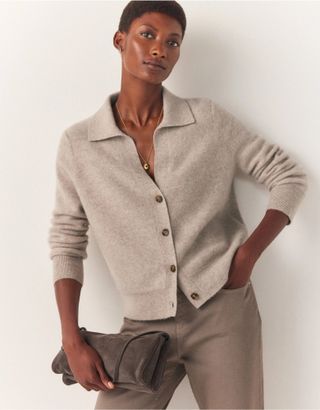 The White Company + Brushed Cashmere Collared Cardigan in Mid Taupe Marl