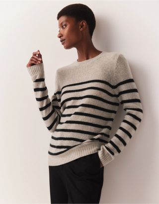 The White Company + Cashmere Layering Crew Neck Stripe Jumper in Mid Taupe Marl