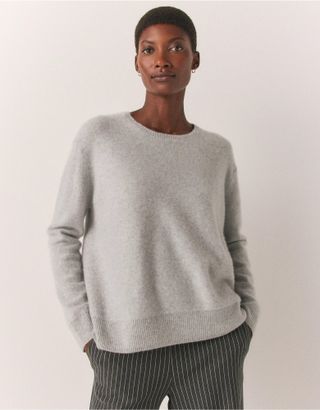 The White Company + Brushed Cashmere Crew Neck Jumper in Pale Grey Marl