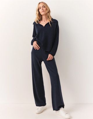 The White Company + Cashmere Rib Trim Wide Leg Trousers in Navy